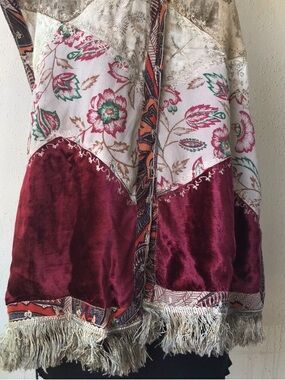 Tienda Ho Scarf Wrap Patchwork Burgundy Velvet Embroidered Fringe NEW
